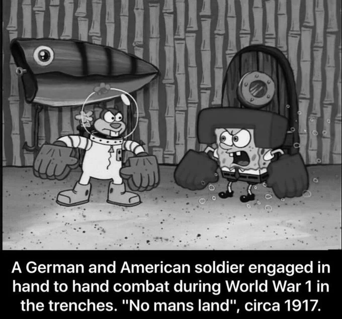 Fake History example applying a WWI historical caption to a boxing scene from SpongeBob SquarePants.