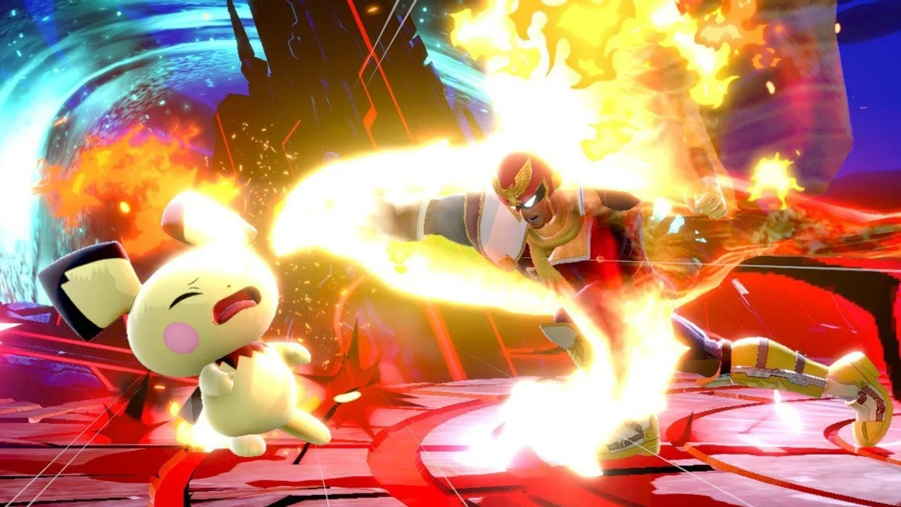 Captain Falcon unleashing his signature flaming Falcon Punch on Pichu in Super Smash Bros.