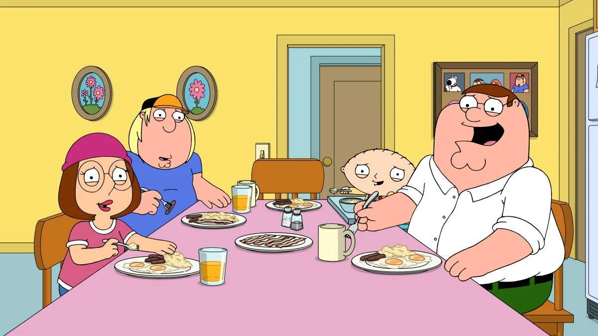 A still from Family Guy showing the Griffin family at breakfast, the show whose overuse of pop-culture references gave rise to the 'Family Guy effect.'