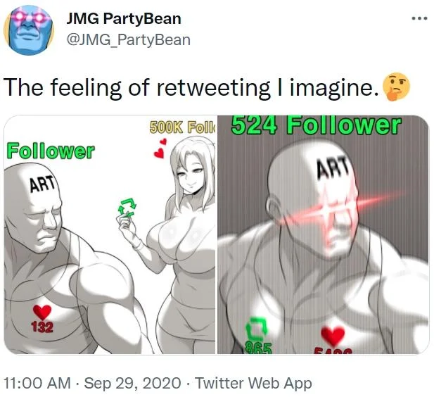 Meme addressing retweeting concept with follower count comparison.