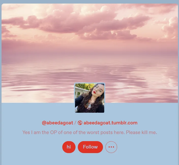 Tumblr user @abeedagoat, the original poster of the 'Fandoms, Grab Your Weapons' post, acknowledging their notoriety in their bio.