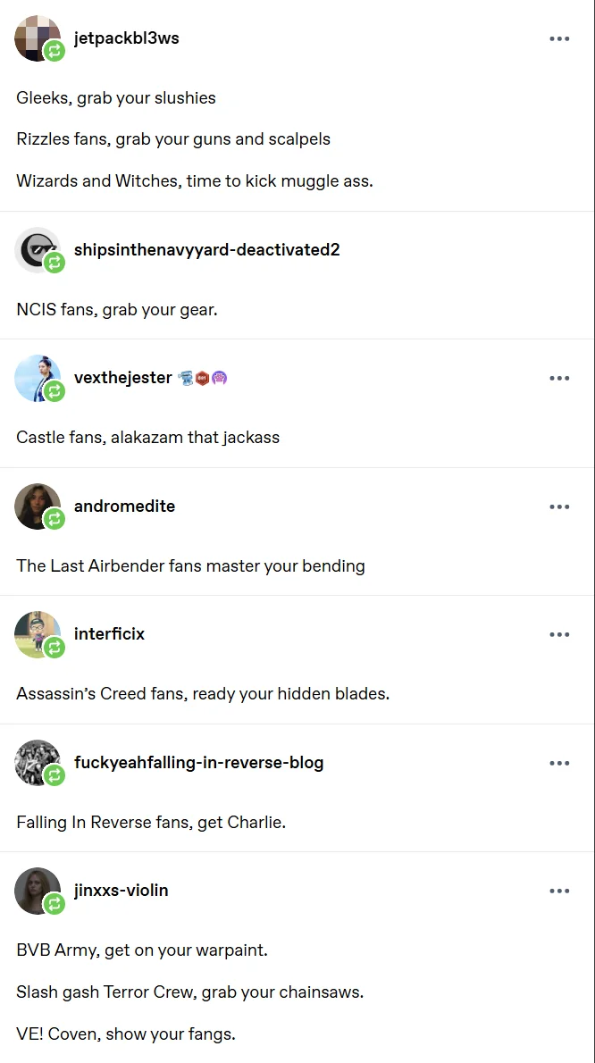 Additional reblogs where Tumblr users pile on with rallying cries for their own fandoms, from Gleeks grabbing slushies to Assassin's Creed fans readying hidden blades.