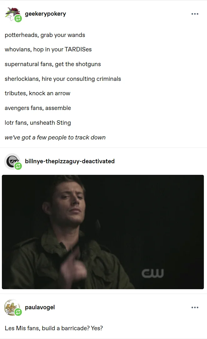The original Tumblr rallying-cry list paired with a Supernatural Dean Winchester clip, with users chiming in to add their own fandoms.