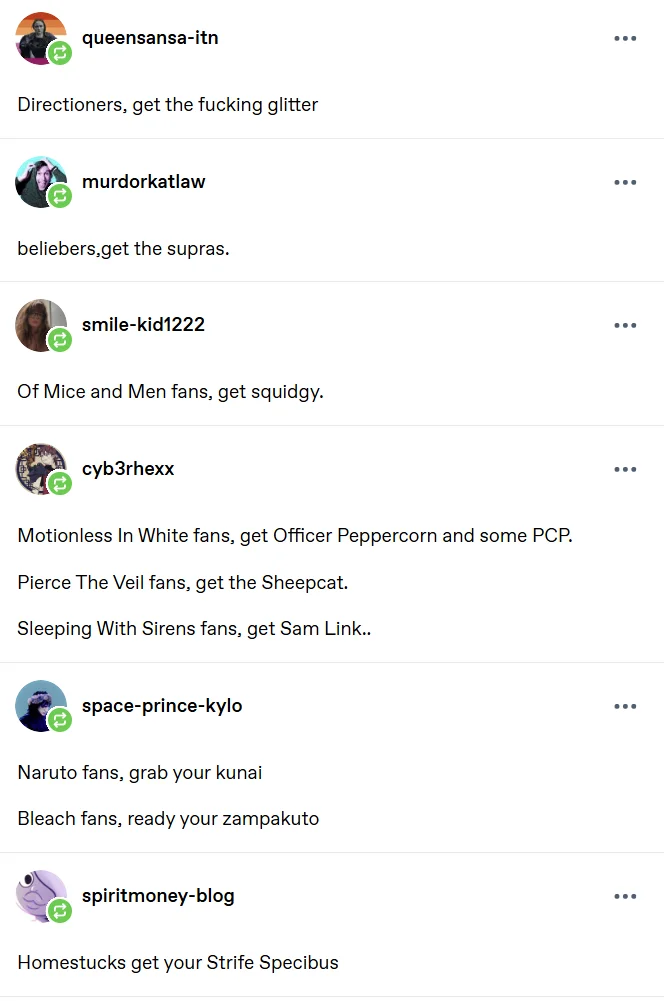 The reblog chain expands to encompass boy band, metalcore, and anime fandoms, showcasing the sheer breadth of participating Tumblr subcultures.