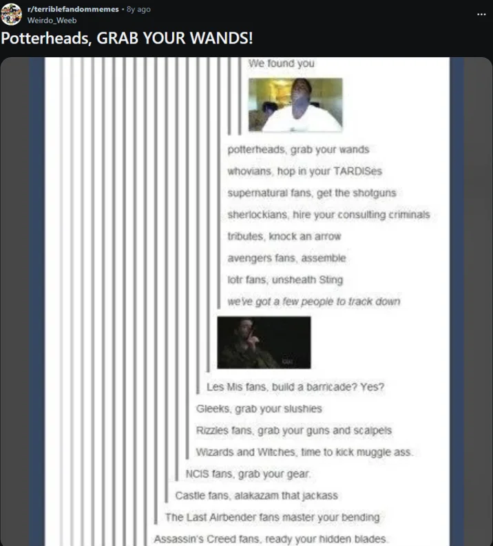 The infamous post shared to r/terriblefandommemes on Reddit, where it has continued to circulate as a nostalgic artifact of 2010s Tumblr.