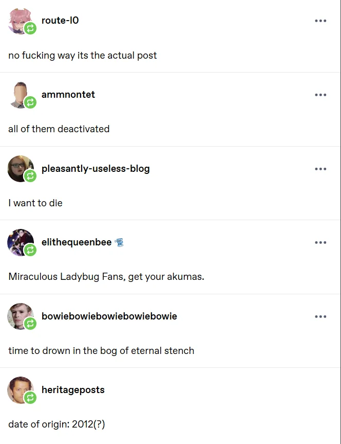 Later reblogs feature reactions of disbelief and shame at encountering the original post, alongside dating attempts placing it around 2012.