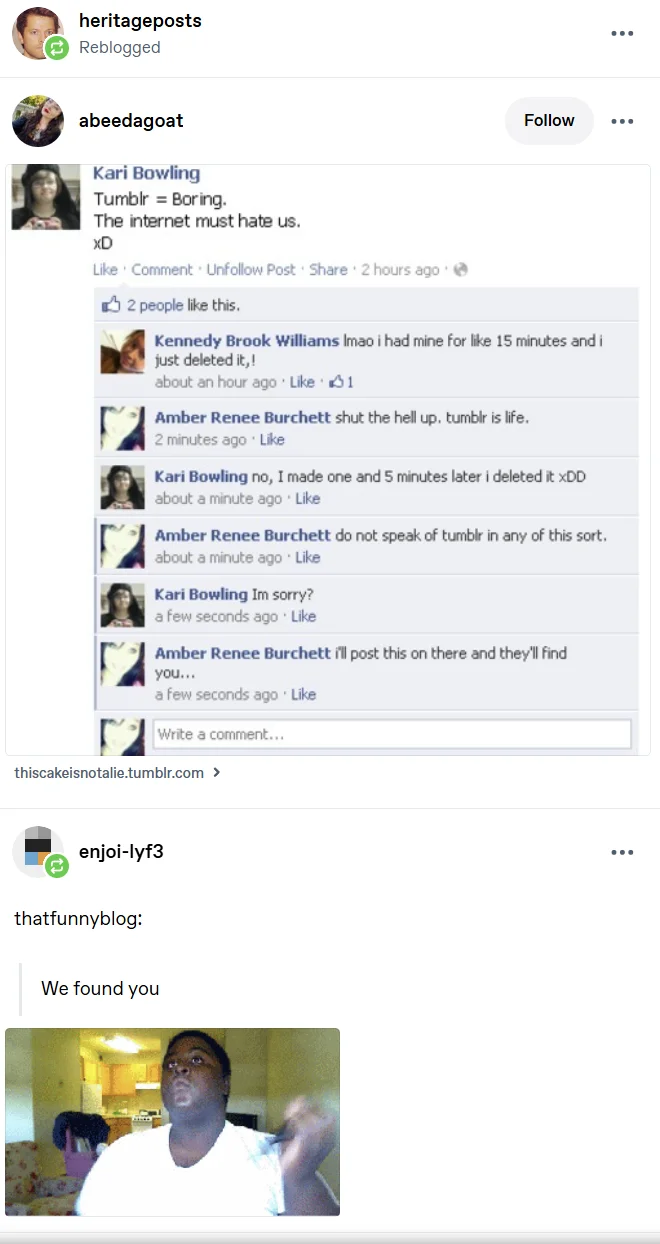 A related Tumblr post featuring the 'We found you' reaction, illustrating the platform's culture of tracking down critics that inspired the fandom weapons post.