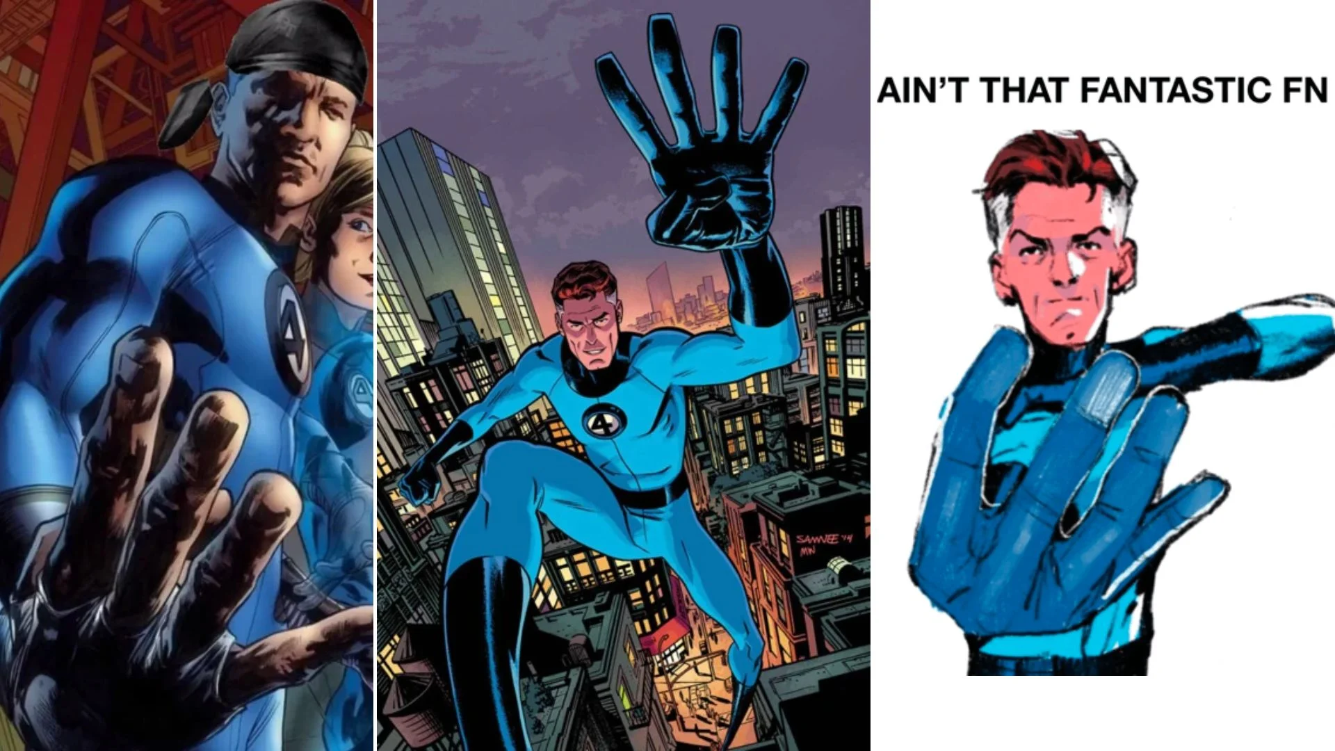 The "Ain't That Fantastic FN" meme featuring Mister Fantastic's distinctive gang sign-like hand gesture.