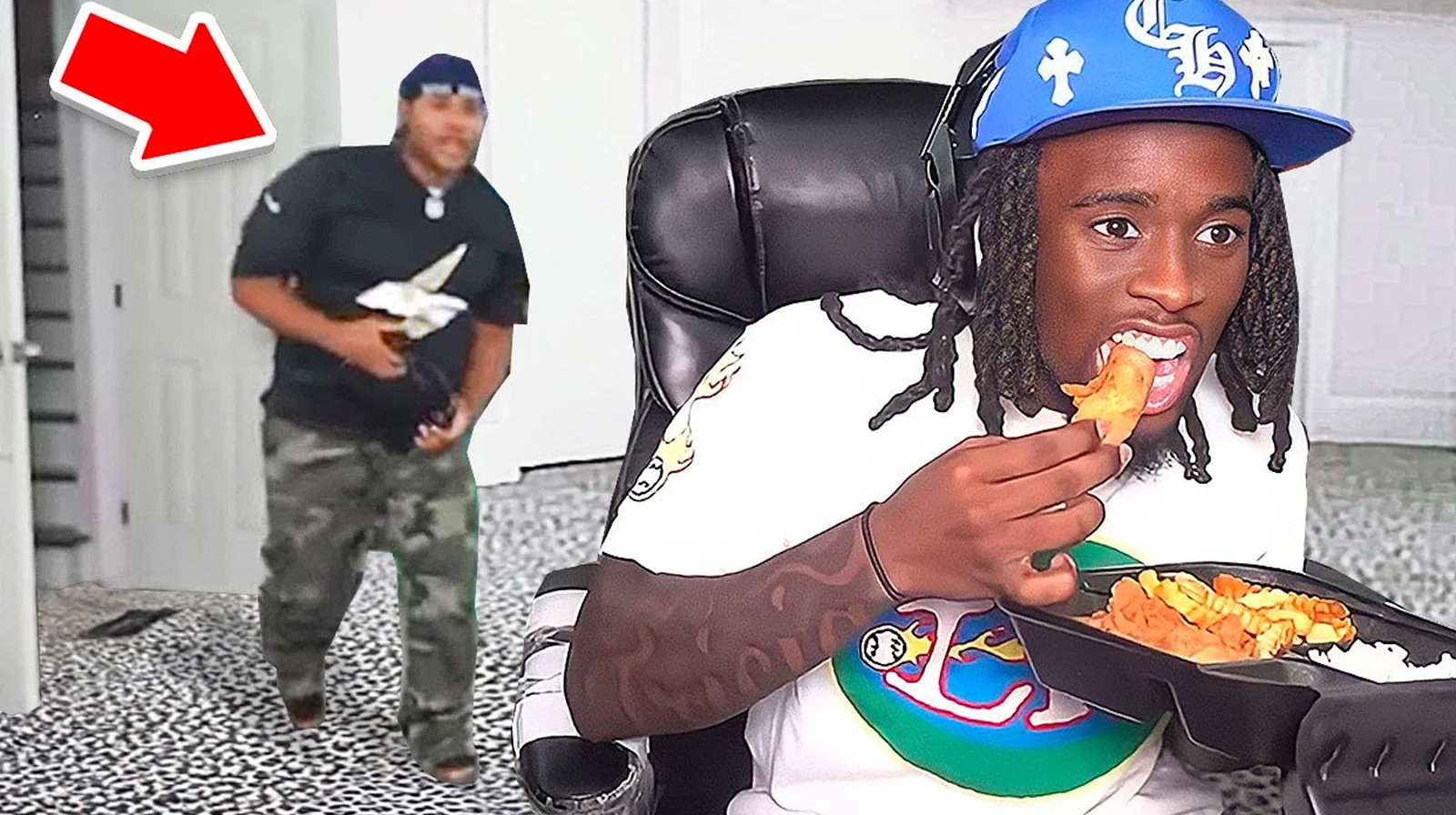 Streamer eating from bowl during broadcast with red arrow pointing to other person
