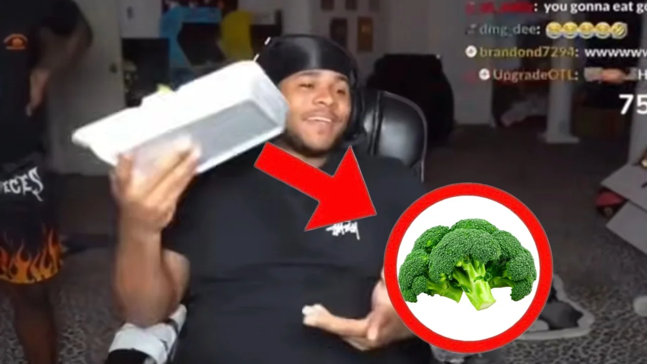 Thumbnail image depicting Fanum on a livestream with an overlaid broccoli graphic, referencing the viral 'Fanum throwing broccoli' moment.