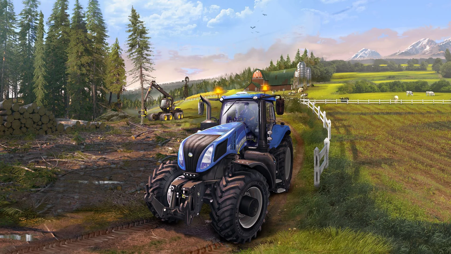 Official Farming Simulator promotional artwork featuring a New Holland tractor amid the game's iconic rural landscape.