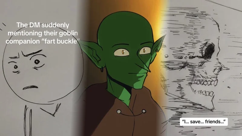 The viral TikTok skit depicting Fartbuckle's heroic self-sacrifice for the party.