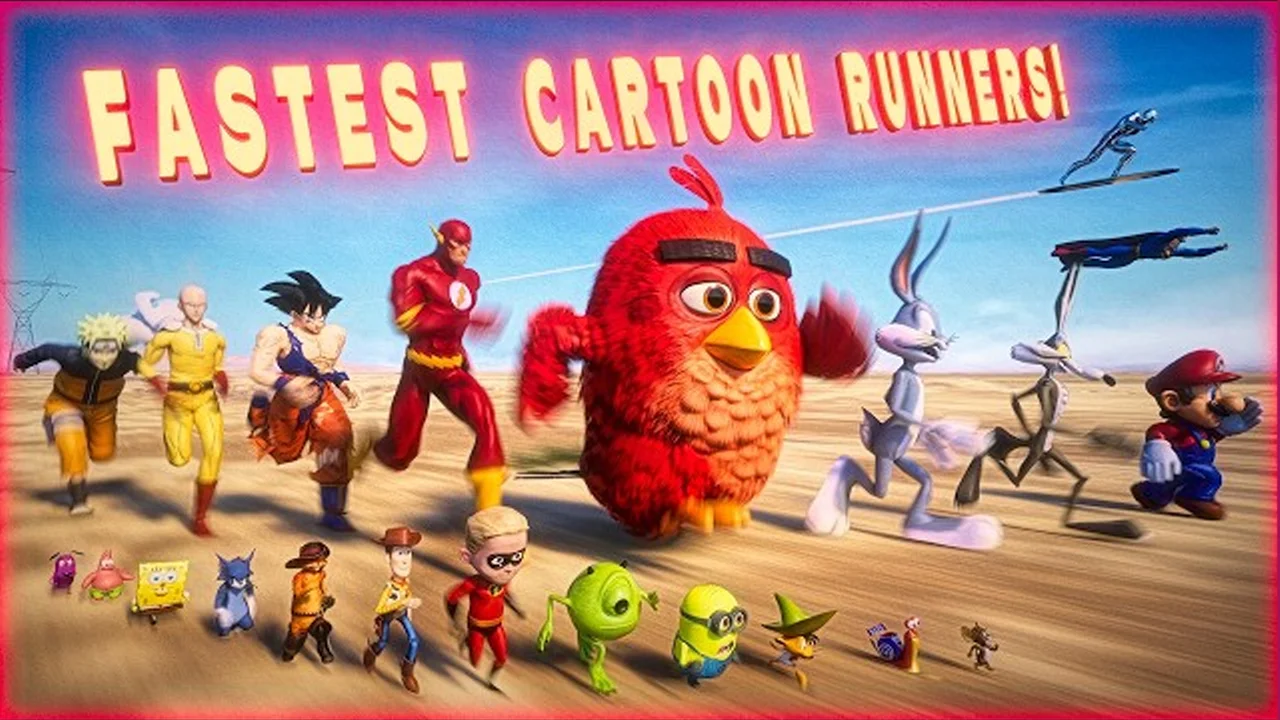 Banner-style thumbnail featuring popular cartoon and anime characters racing across a desert, used as the header image for the 'Fastest Running Cartoon Characters Ever / Fastest Hussers' meme.