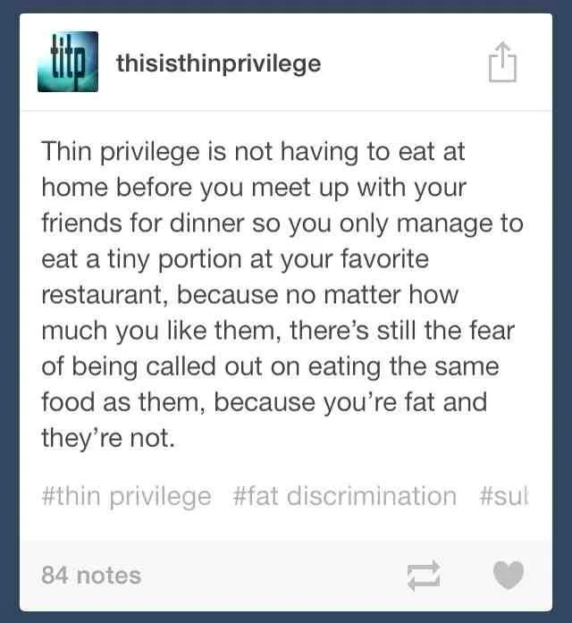 A post from the 'thisisthinprivilege' Tumblr blog, one of the most well-known online forums associated with the fat acceptance movement.