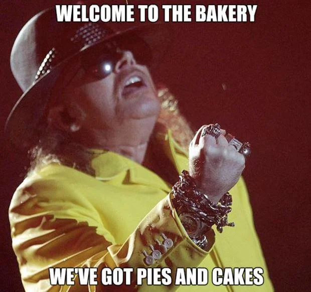 A 'Fat Axl' image macro parodying the Guns N' Roses song 'Used to Love Her' with a cannibalistic food joke.
