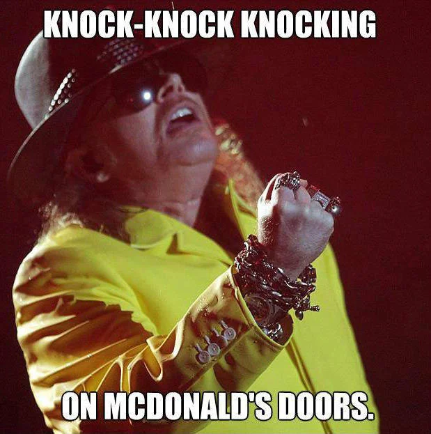 An example 'Fat Axl' image macro riffing on the 'Welcome to the Jungle' lyric with a food-themed punchline.