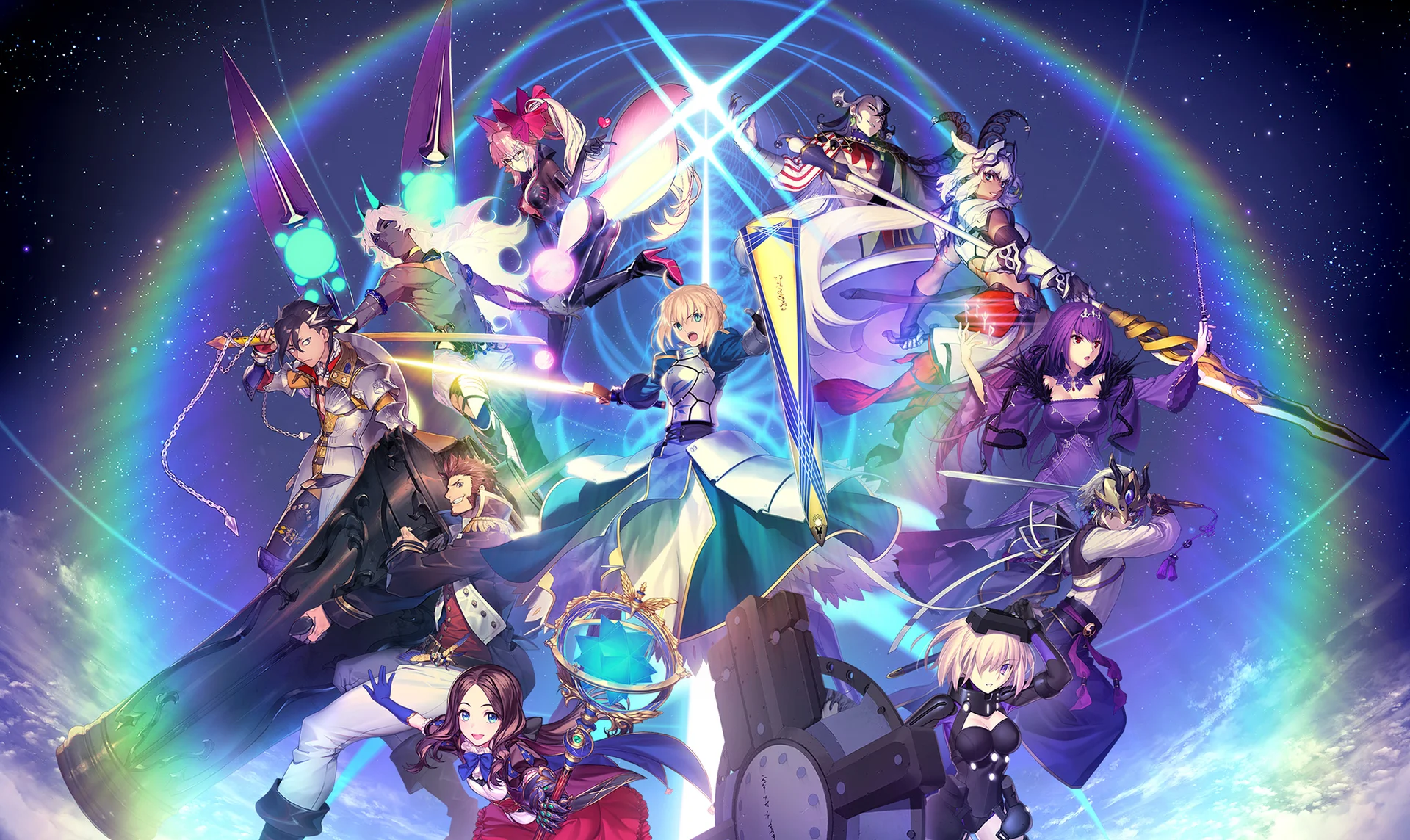 Official Fate/Grand Order Lostbelt promotional artwork showcasing the game's signature Servants led by Saber at the center.