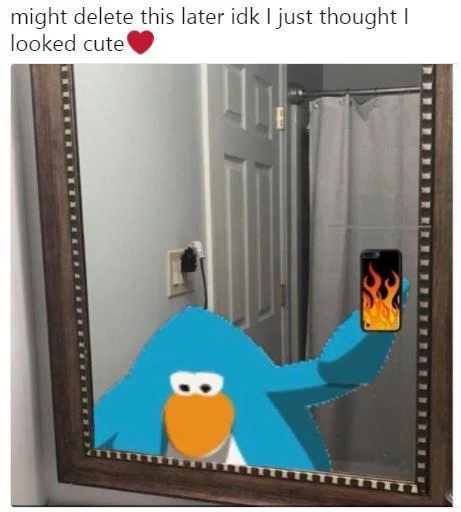 A Club Penguin variant of the meme with the 'might delete later' caption over a bathroom mirror scene.