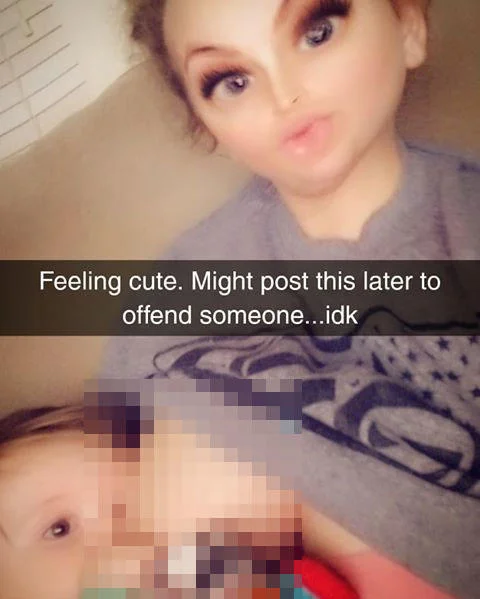 An 'offensive' variation of the 'Feeling Cute, Might Delete Later' meme format on Snapchat.