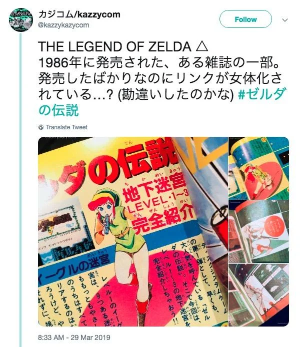 The original 1986 Japanese gaming magazine illustration that mistakenly depicted Link as a woman, sparking the 'Female Link' meme.