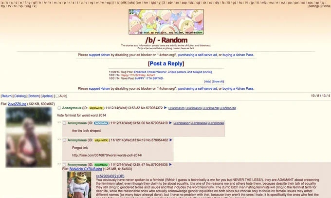 Another 4chan /b/ thread organizing the campaign to vote 'feminist' as the worst word of 2014 in Time's online poll.
