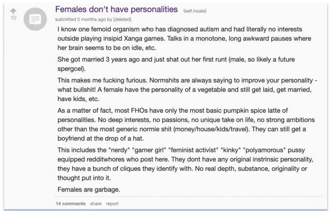 A Reddit r/Incels post that helped popularize the term 'femoid' in incel communities.