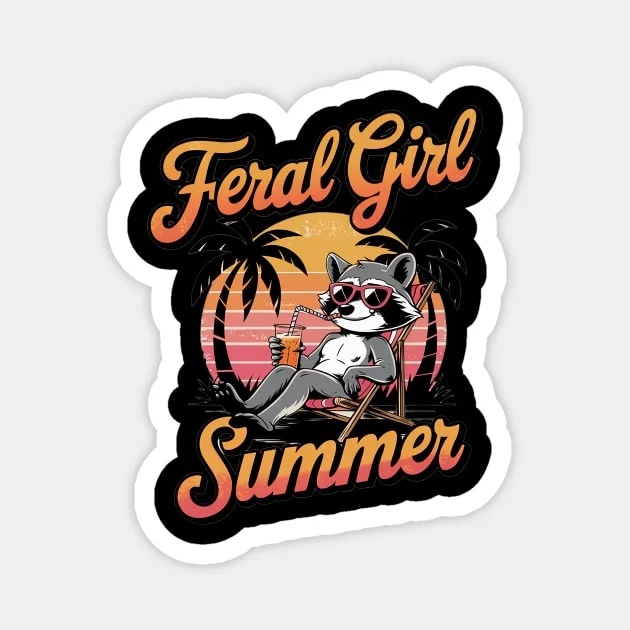 Feral Girl Summer sticker with raccoon in beach chair and retro sunset design