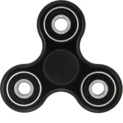 Black fidget spinner with metallic ball bearings on white background