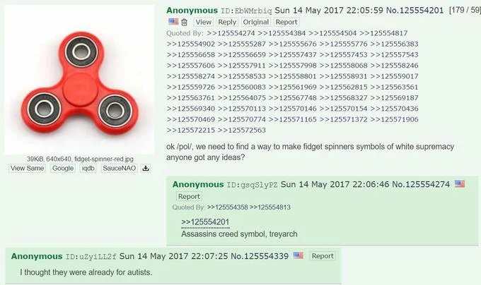A 4chan /pol/ thread from May 2017 illustrating the ironic online effort to attach shock-value meaning to the fidget spinner trend.