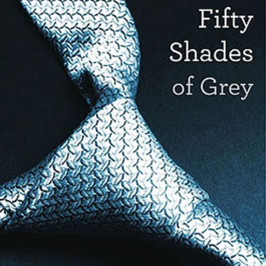 The original 'Fifty Shades of Grey' book cover by E.L. James, whose imagery became the visual shorthand for the entire meme.