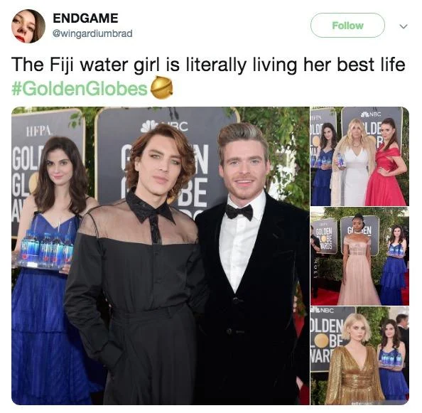 A viral Twitter reaction to the Fiji Water Girl's now-legendary photobombs at the 2019 Golden Globes.