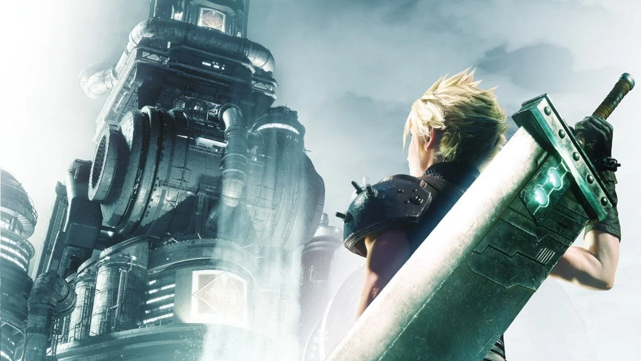 Official key art for the Final Fantasy VII Remake, featuring protagonist Cloud Strife facing the Shinra headquarters.