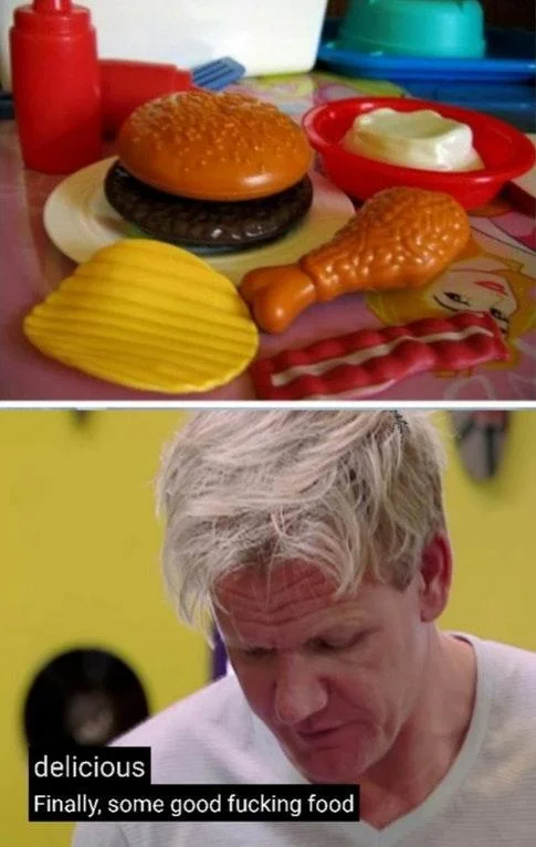 Classic meme layout pairing inedible objects with his approving response.