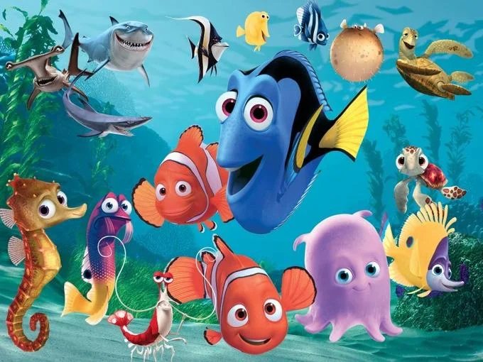 Promotional artwork featuring Dory, Marlin, Nemo, Mr. Ray and other characters from Pixar's Finding Nemo universe.