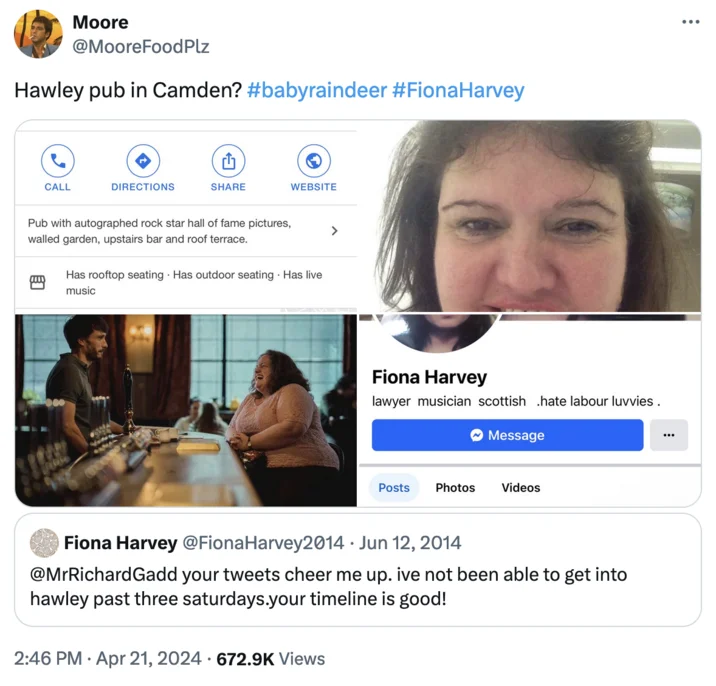 A viral April 2024 tweet compiling evidence — including Fiona Harvey's Facebook profile and a 2014 tweet mentioning Hawley pub in Camden — used by online sleuths to argue she is the real-life inspiration for Martha in 'Baby Reindeer.'