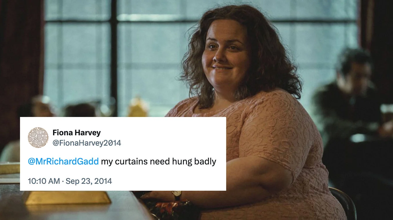 The character Martha from 'Baby Reindeer' shown alongside a real 2014 tweet from Fiona Harvey to Richard Gadd, one of the pieces of evidence cited in theories identifying Harvey as Martha's real-life inspiration.