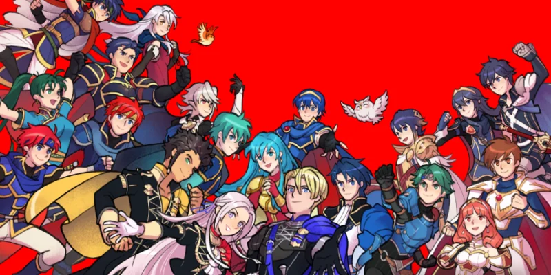 A promotional ensemble illustration featuring iconic protagonists from across the Fire Emblem series.