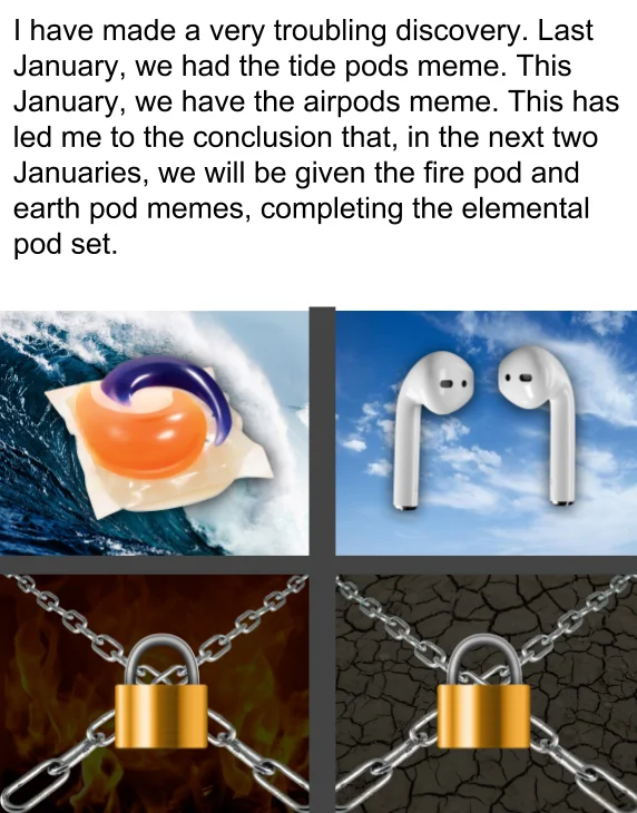 A meme laying out the 'four elemental pods' theory that emerged alongside the FirePods trend.
