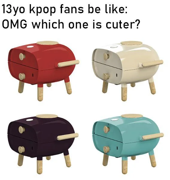 A meme comparing colored FirePod pizza ovens to K-pop bias picks.