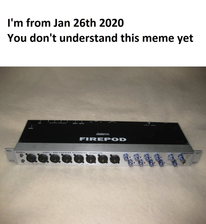 A joke meme referencing the Presonus Firepod audio interface as a precursor to the FirePods pizza-oven meme.