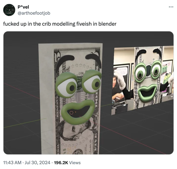 A viral tweet by @arthoefootjob showcasing a Blender 3D recreation of Fiveish alongside a reference frame from the Yap Dollar commercial.
