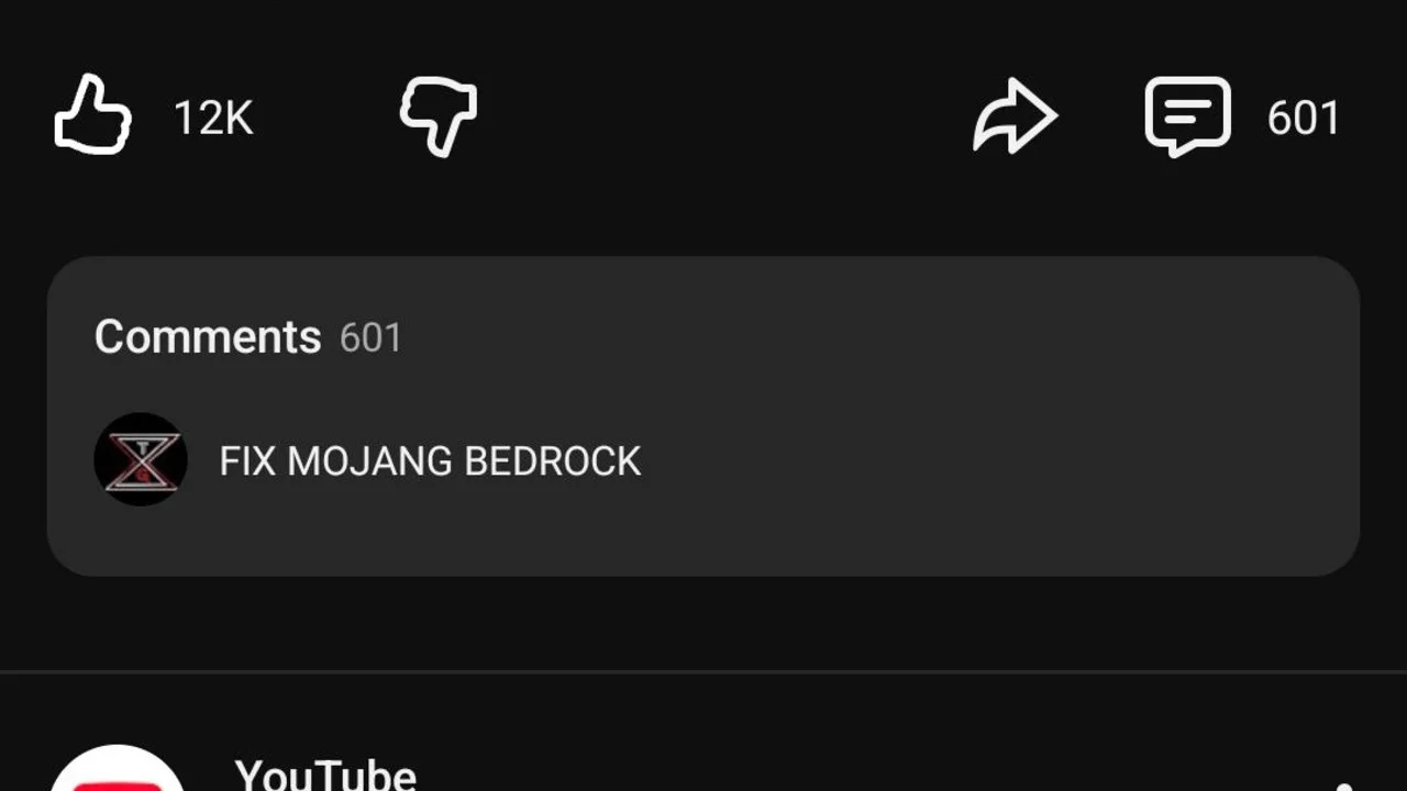 The 'Fix Mojang Bedrock' comment as it commonly appears atop Minecraft-related YouTube videos.