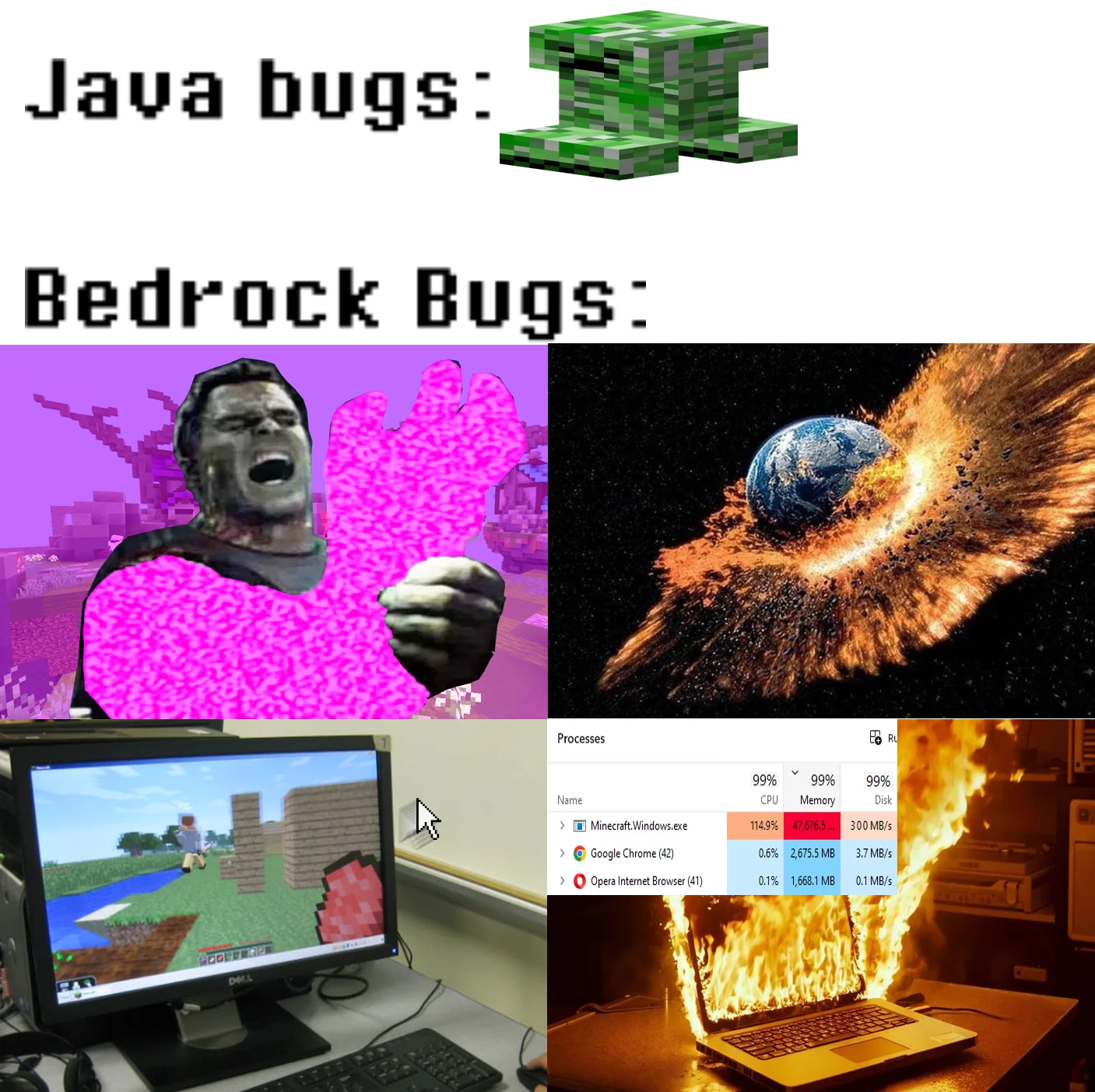 A comparison meme exaggerating the severity of Minecraft Bedrock Edition bugs versus Java Edition.
