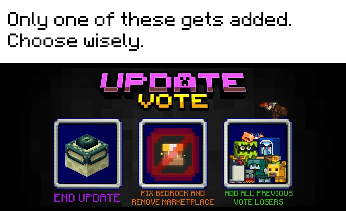 A fan-made parody of the Minecraft update vote featuring 'Fix Bedrock' as a wishful option.