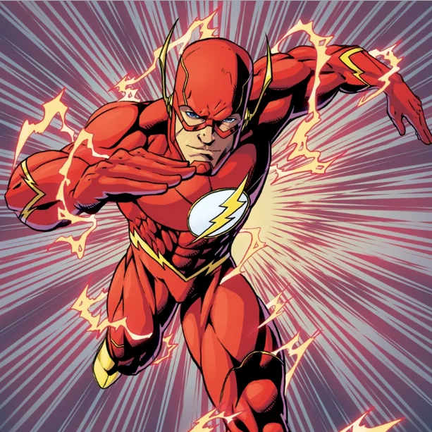 The Flash in his iconic red suit, mid-sprint with lightning crackling around him — the DC Comics hero known as the fastest man alive.