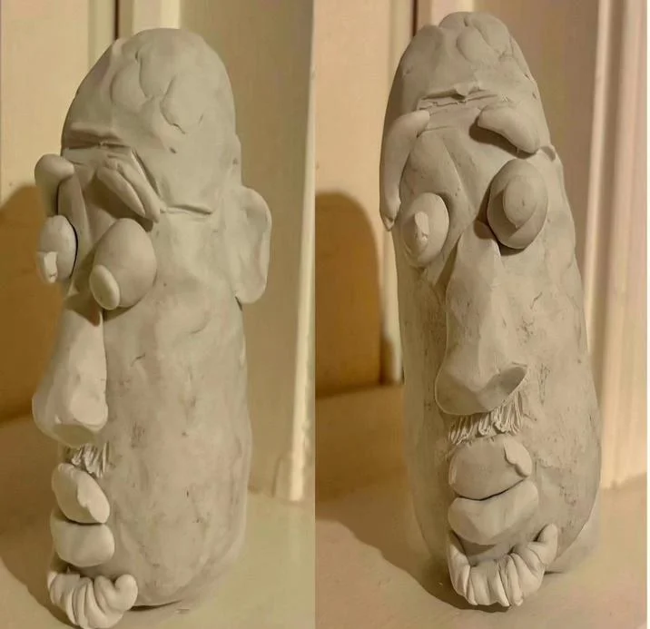 A clay sculpture fan art depicting the Flight Pattern Recognition meme's distinctive expressions.