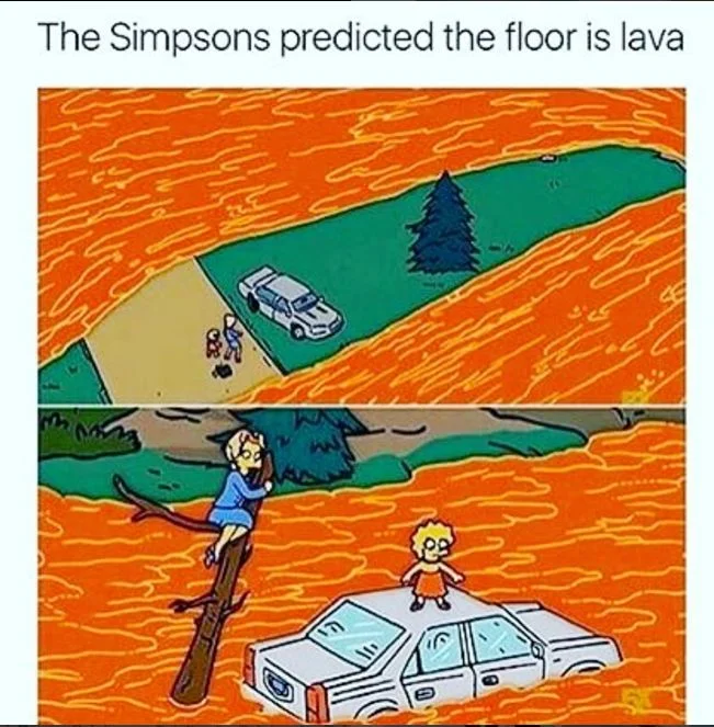 Cartoon characters playing floor is lava.
