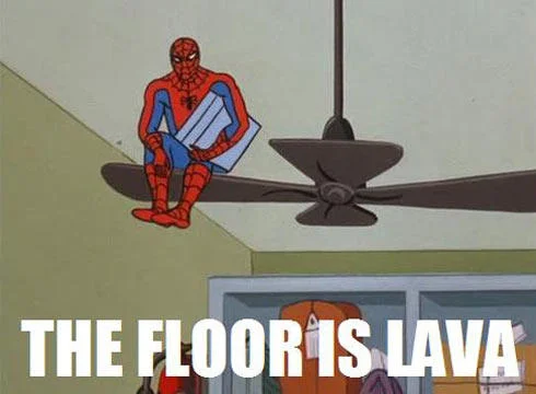 Superhero elevated avoidance humor.