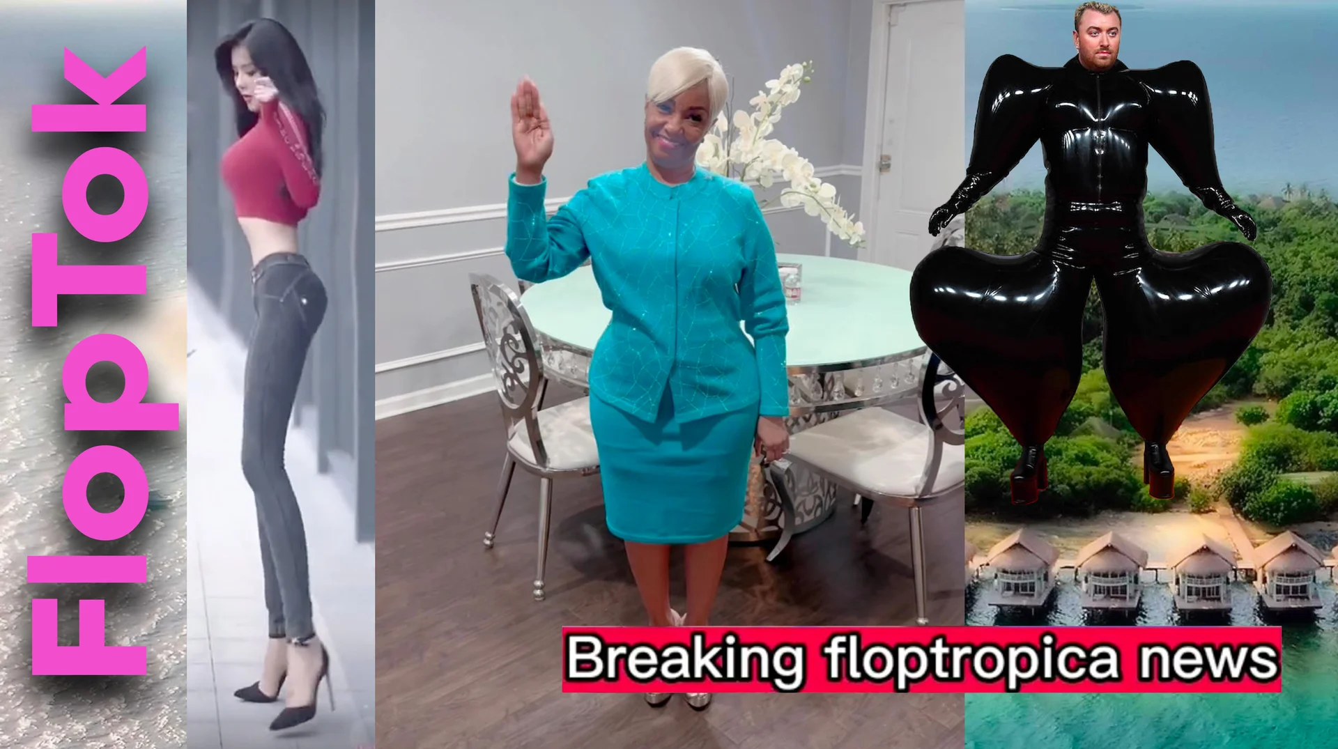 A 'FlopTok' collage featuring viral figures from the Floptropica corner of TikTok, captioned 'Breaking floptropica news'.