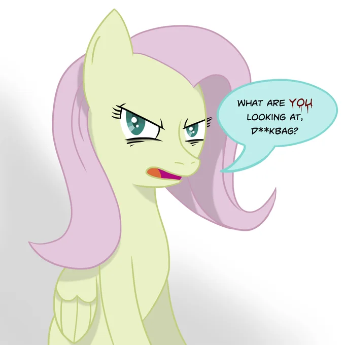 A quintessential 'Flutterbitch' fan art depicting Fluttershy's aggressive alter ego with a hostile insult.